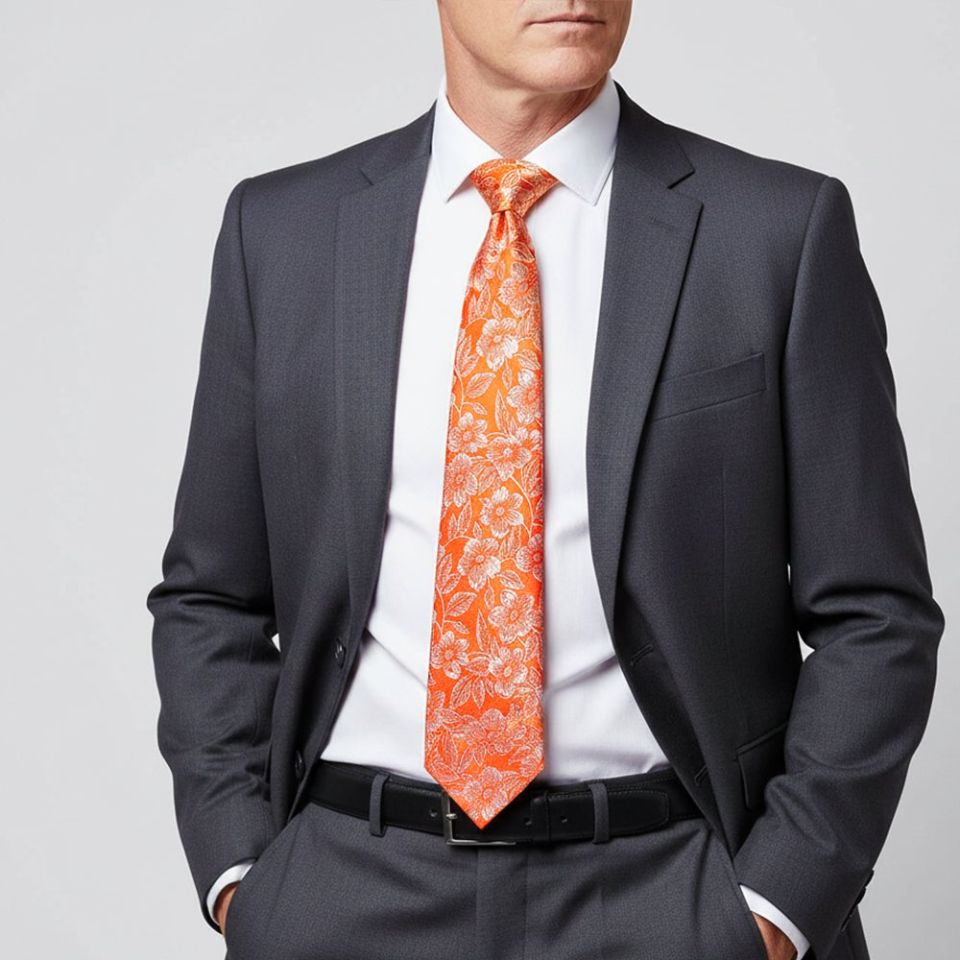Mens Orange Floral Silk Classic Tie