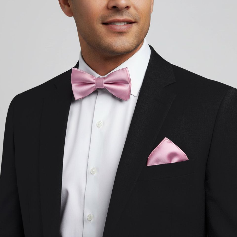Plain Light Dusty Pink Handmade Mens Bow Tie and Pocket Square Set
