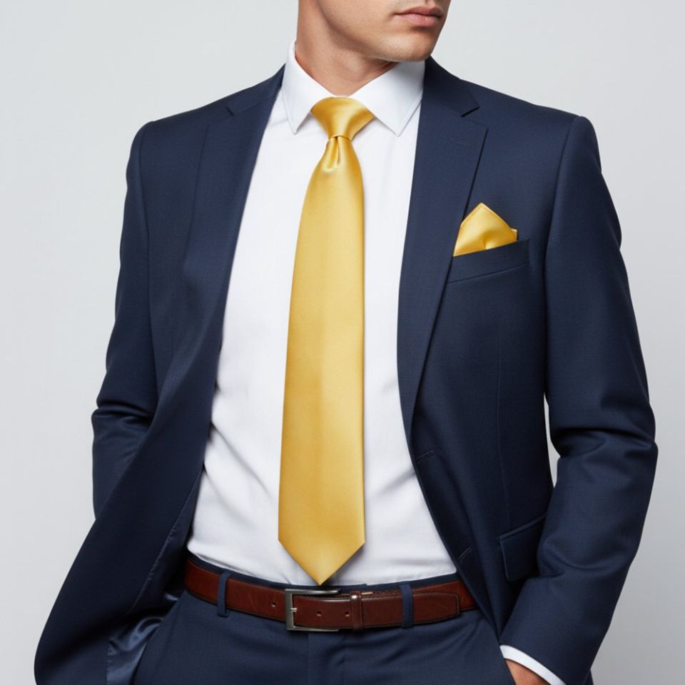 Plain Gold Satin Classic Men's Tie and Pocket Square Set