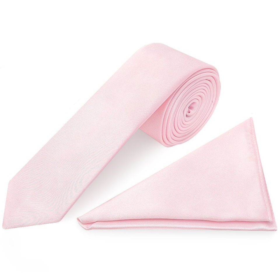Plain Blush Pink Satin Skinny Men's Tie and Pocket Square Set