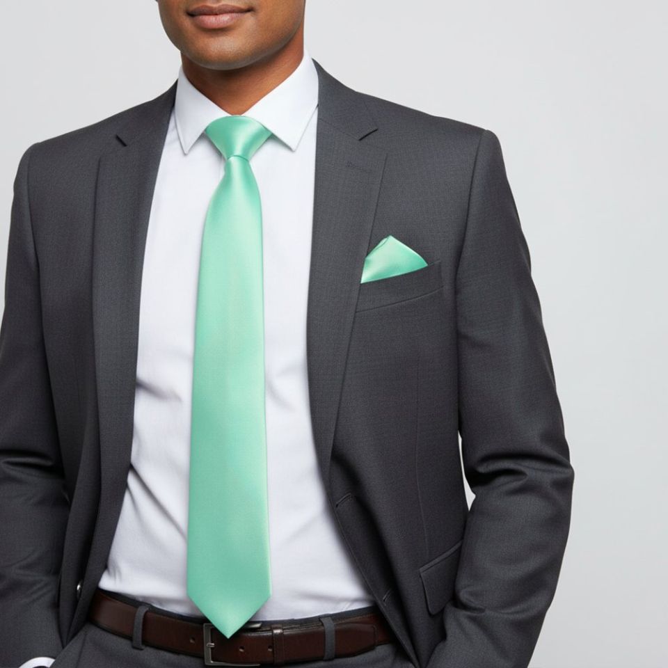 Plain Mint Green Satin Classic Men's Tie and Pocket Square Set
