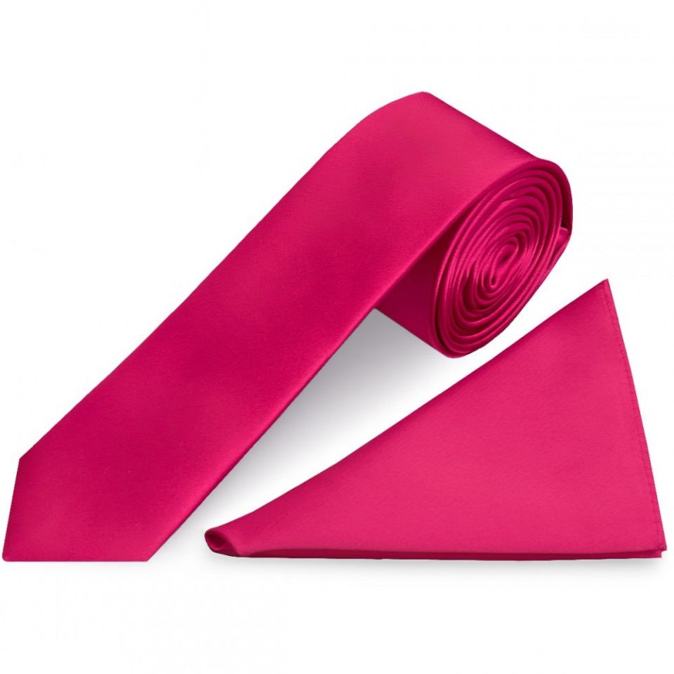 Plain Cerise Pink Satin Skinny Men's Tie and Pocket Square Set