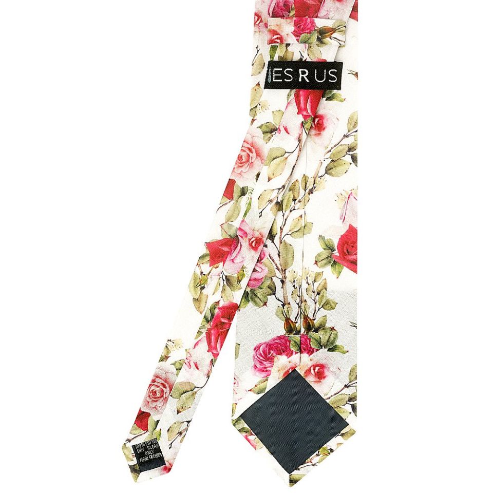 White Cotton with Green Leaves and Rose Pattern Classic Tie and Pocket Square Set