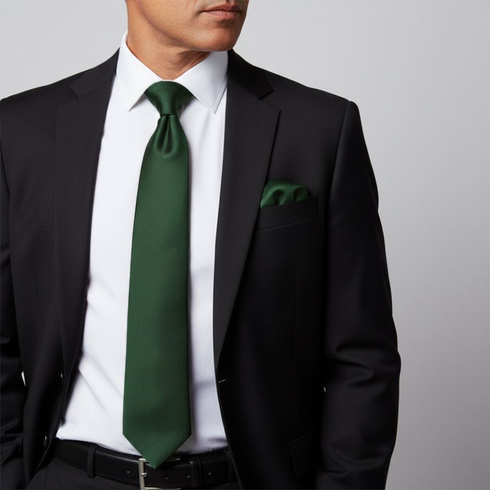 Bottle Green Silk Twill Classic Mens Tie and Pocket Square Set