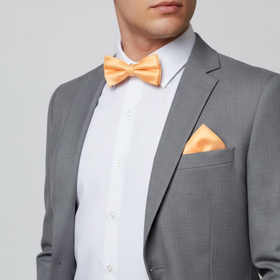 Plain Peach Handmade Mens Bow Tie and Pocket Square Set