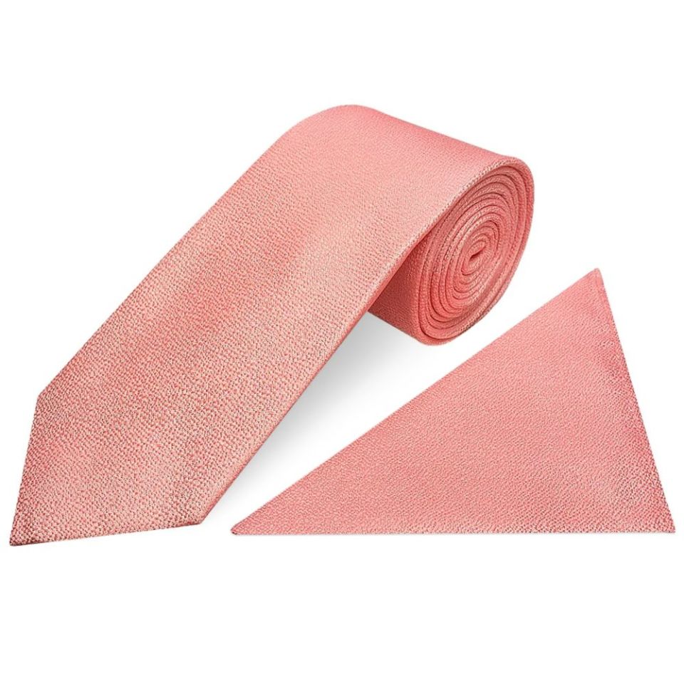 Plain Pink Textured Silk Classic Men's Tie and Pocket Square Set
