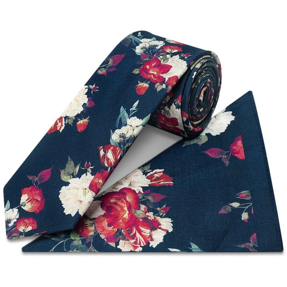 Navy Cotton with White and Red Flower Pattern Skinny Tie and Pocket Square Set