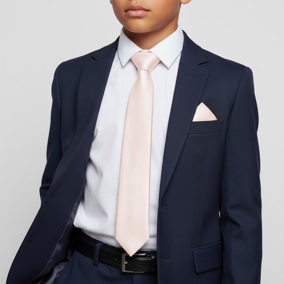 Plain Blush Silk Skinny Boys Tie and Pocket Square Set