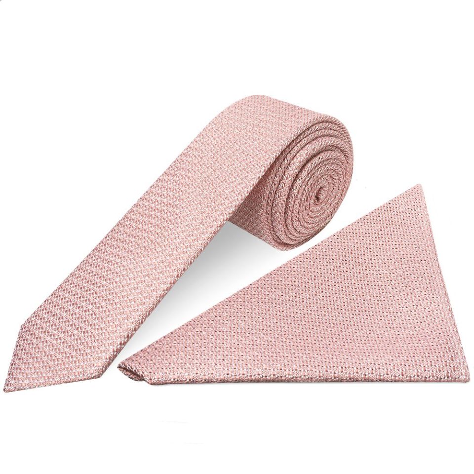 Plain Pink Grenadine Silk Skinny Men's Tie and Pocket Square Set