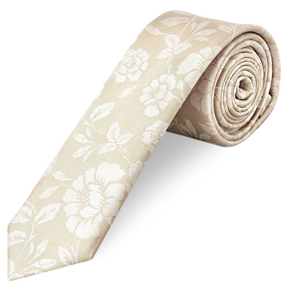 Champagne with White Floral Silk Skinny Tie and Pocket Square Set