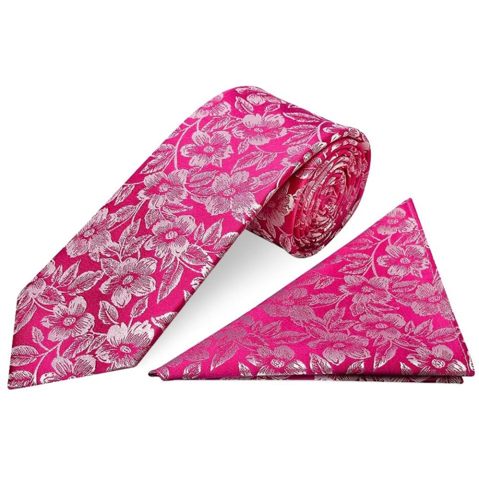Mens Fuchsia Floral Silk Classic Tie and Pocket Square