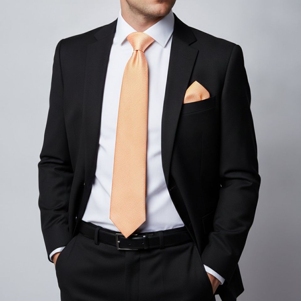 Plain Peach Textured Silk Classic Men's Tie and Pocket Square Set