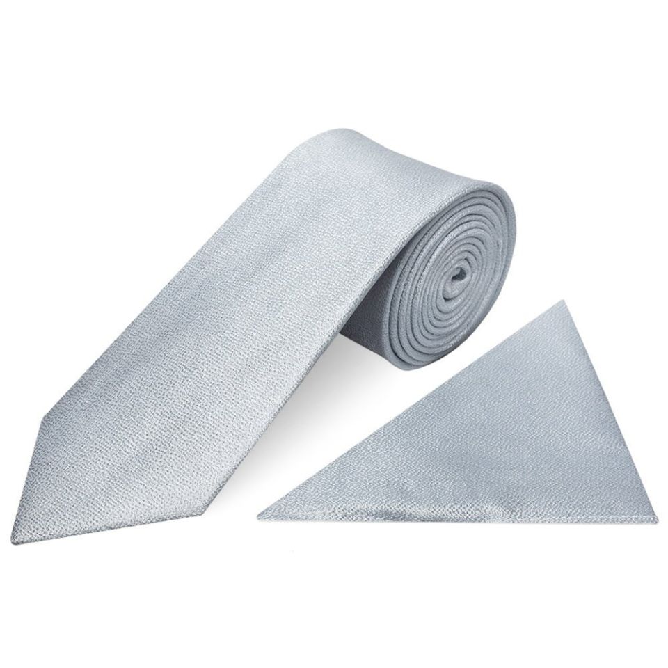 Plain Light Blue Textured Silk Classic Men's Tie and Pocket Square Set