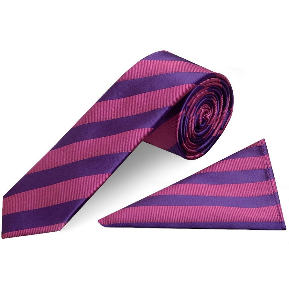 Purple and Pink Striped Skinny Men's Tie and Pocket Square Set