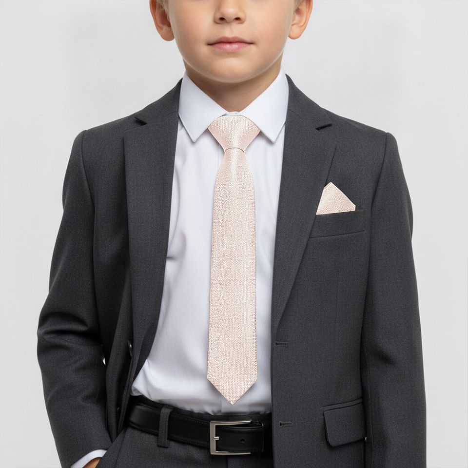 Pre Tied Blush Self Floral Textured Silk Boys Tie and Pocket Square Set Age 4-7