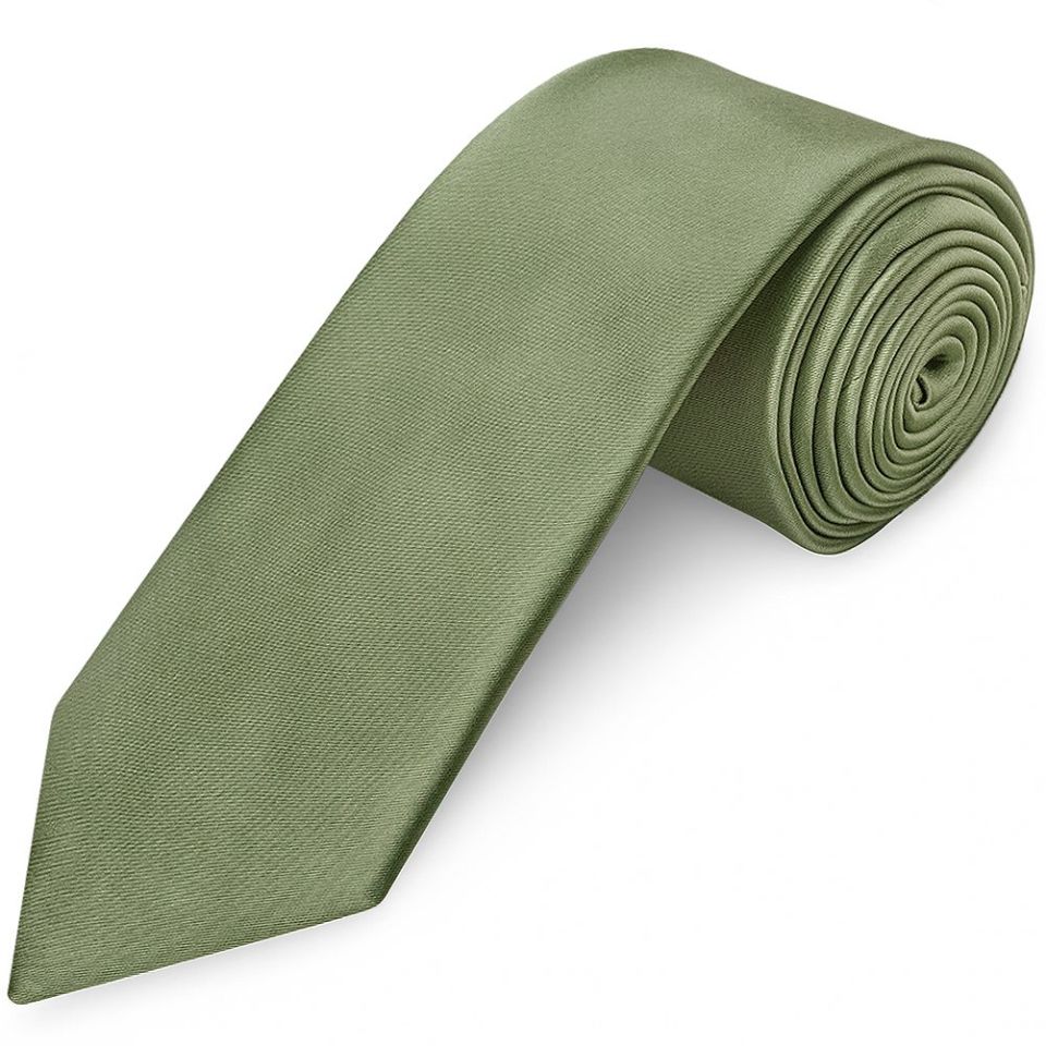 Mens Plain Olive Green Satin Classic Tie and Pocket Square Set