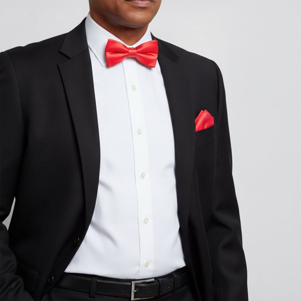 Plain Coral Pink Hand Made Mens Bow Tie and Pocket Square Set