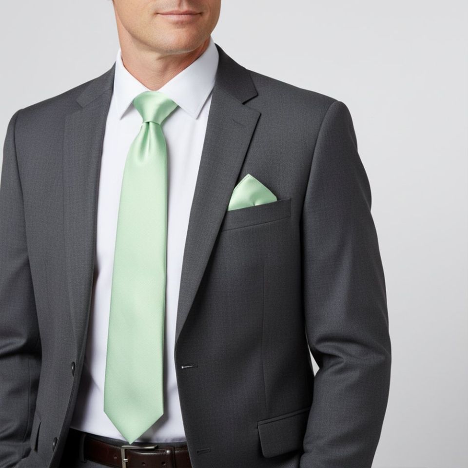 Pale Mint Satin Classic Mens Tie and Pocket Square Set