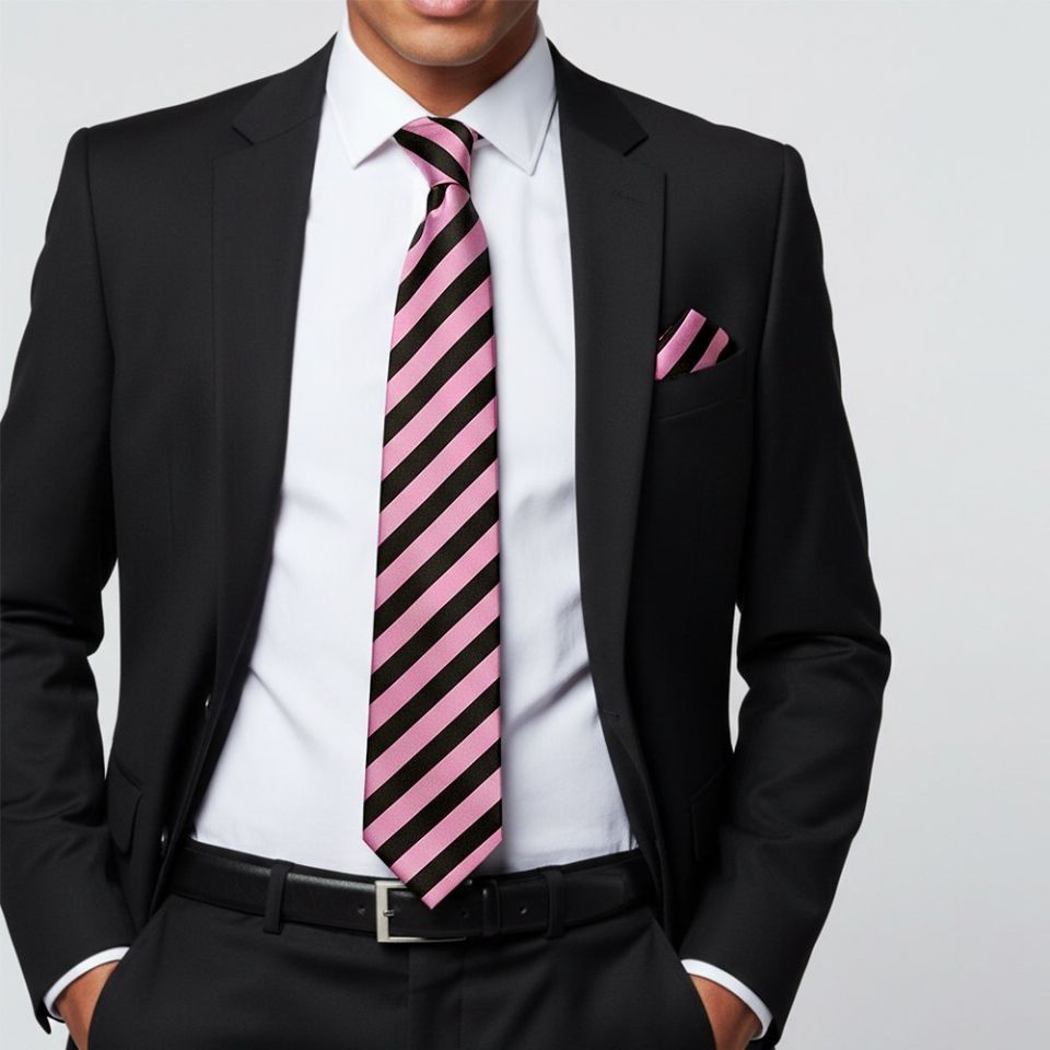 Black and Pink Striped Classic Men's Tie and Pocket Square Set