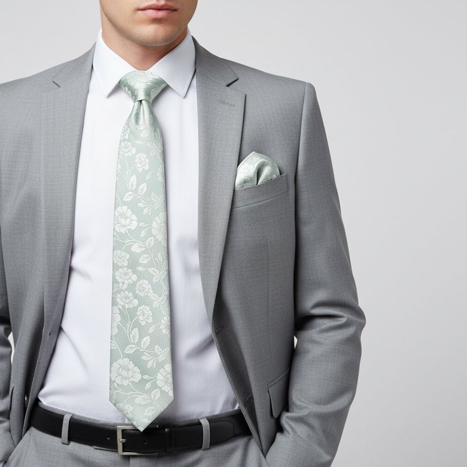 Duck Egg with White Floral Silk Classic Tie and Pocket Square Set