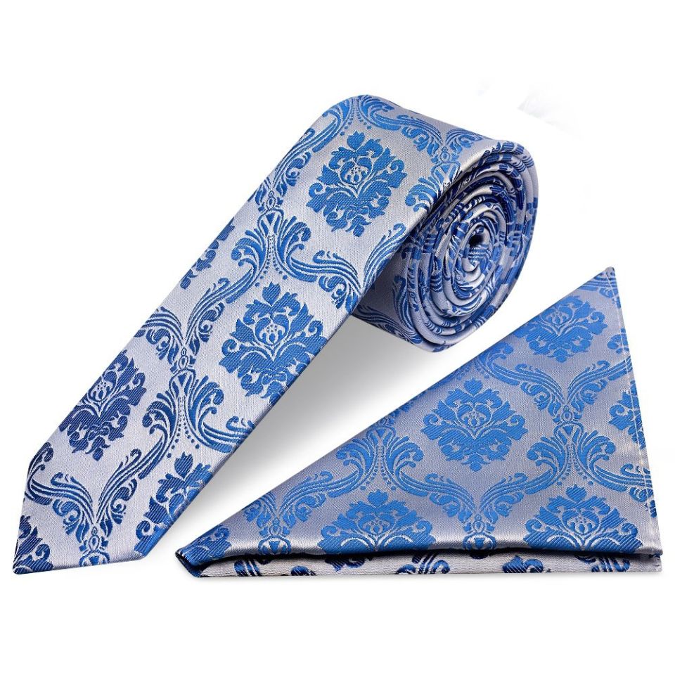Royal Blue Paisley Skinny Boys Tie and Pocket Square Set