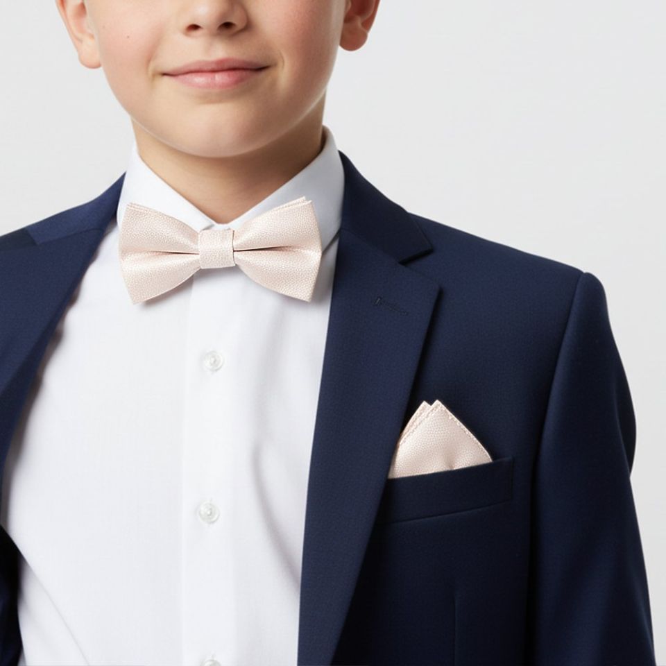 Pre Tied Blush Textured Silk Boys Bow Tie and Pocket Square Set