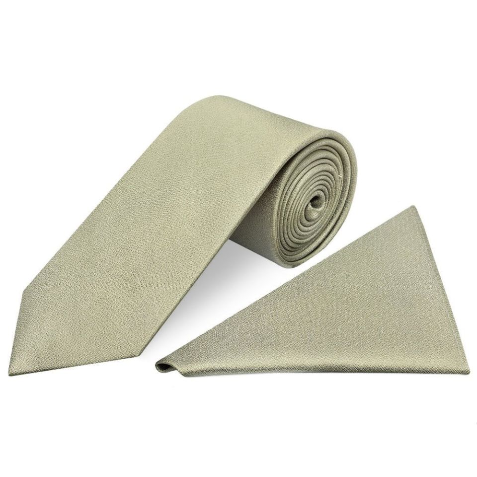Plain Khaki Green Silk Classic Men's Tie and Pocket Square Set