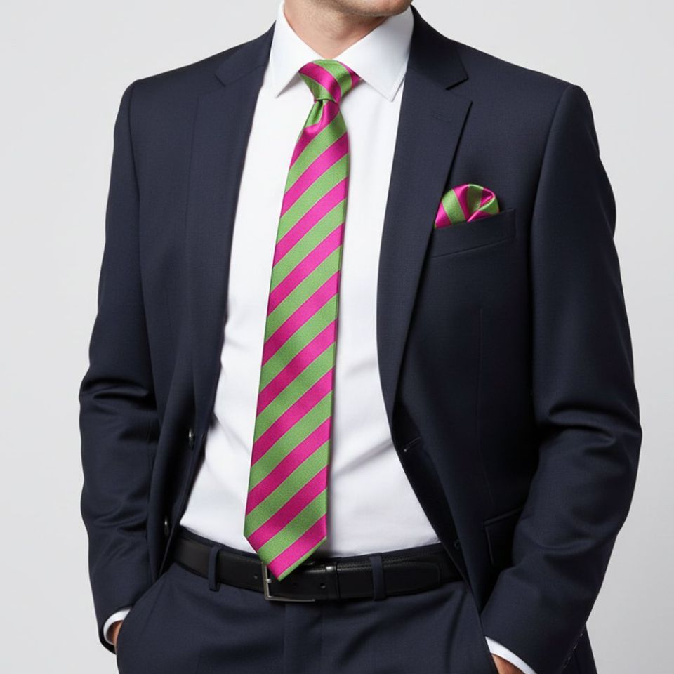 Pink and Lime Striped Classic Men's Tie and Pocket Square Set