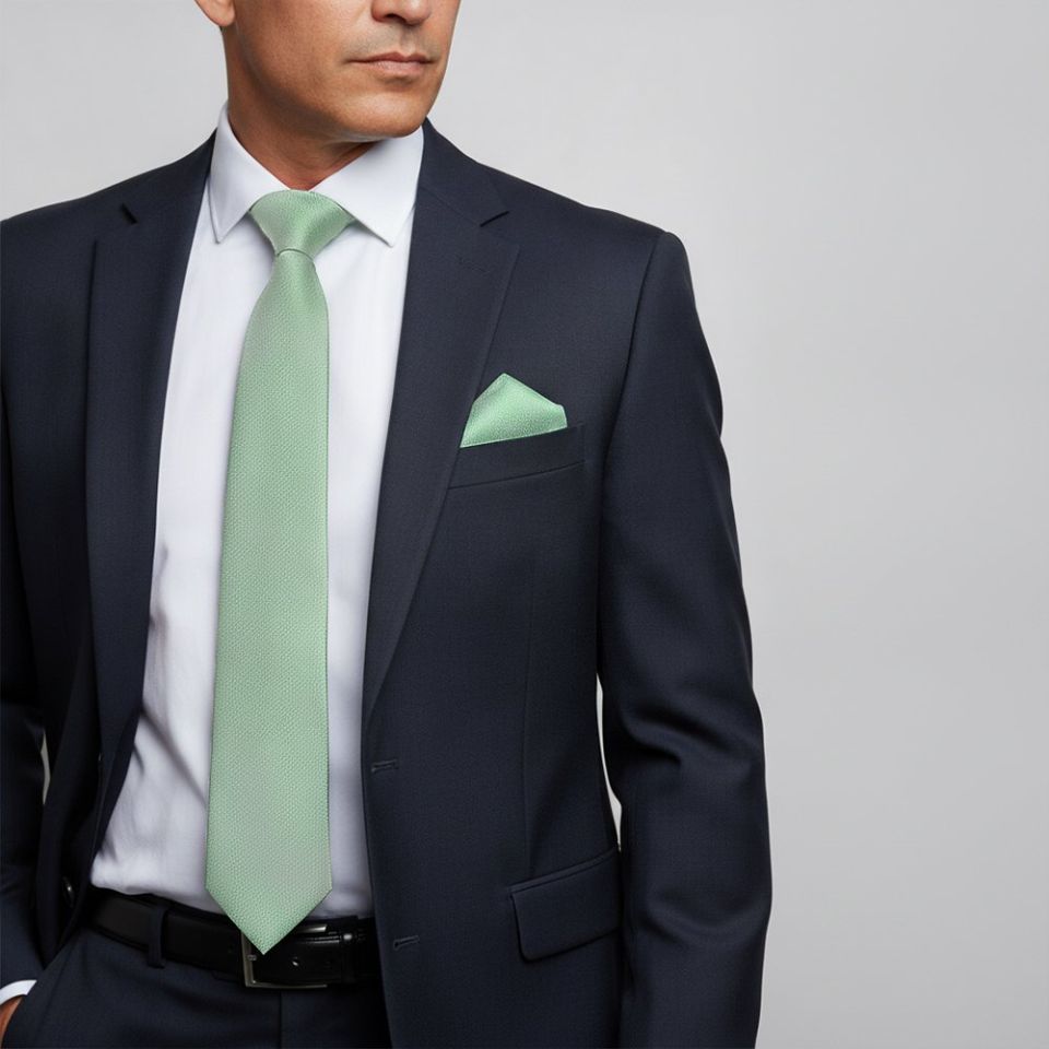 Plain Sea Grass Silk Classic Men's Tie and Pocket Square Set