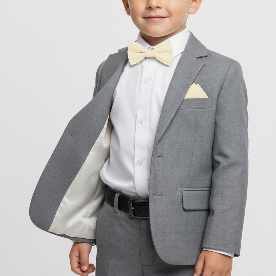 Pre Tied Ivory Silk Boys Bow Tie and Pocket Square Set Age 4-7