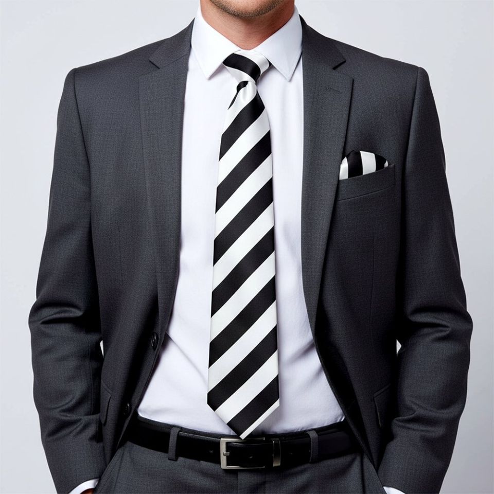 Black and White Striped Handmade Classic Men's Football Tie and Pocket Square Set