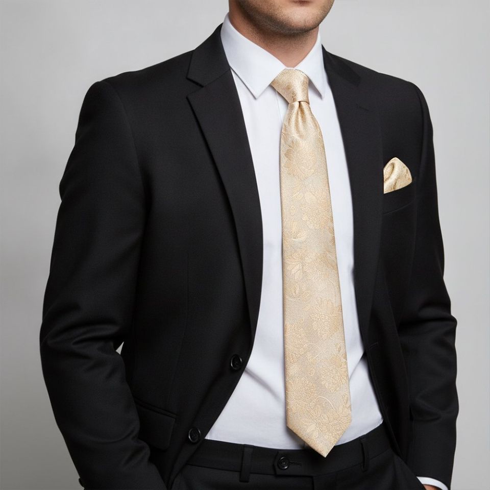 Gold Flower Classic Men's Tie and Pocket Square Set