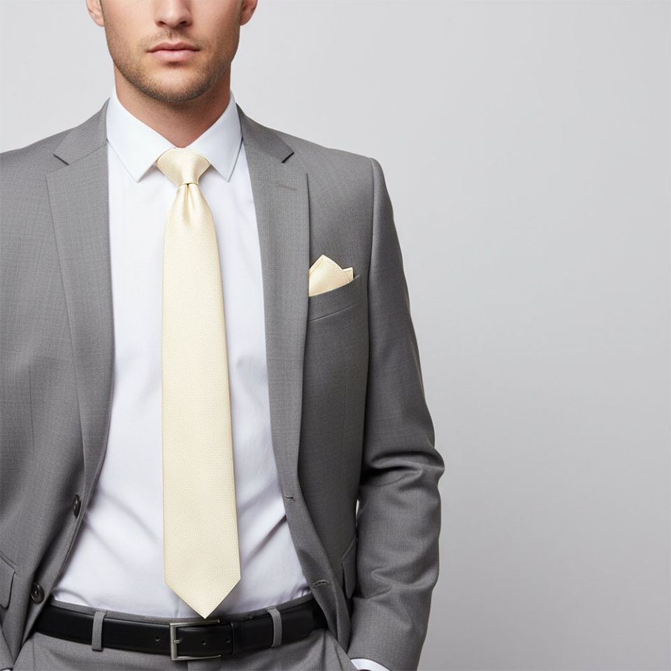 Plain Ivory Silk Classic Men's Tie and Pocket Square Set