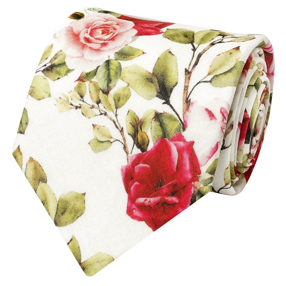 White Cotton with Green Leaves and Rose Pattern Classic Tie and Pocket Square Set
