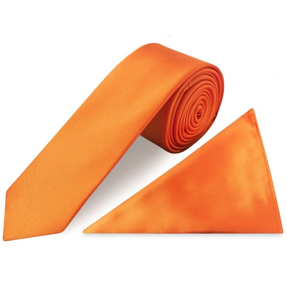 Plain Orange Satin Skinny Men's Tie and Pocket Square Set