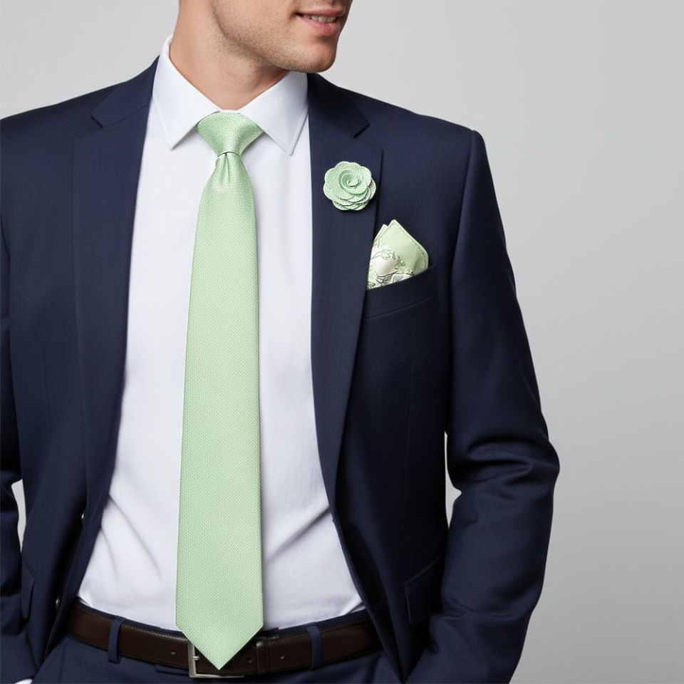 Classic Green Mens Tie with Pocket Square and Lapel Pin Set