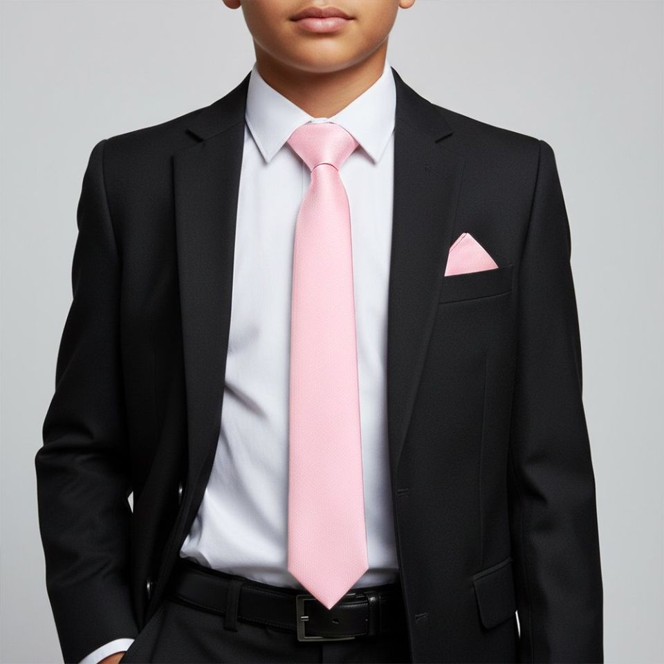 Plain Blush Pink Silk Skinny Boys Tie and Pocket Square Set