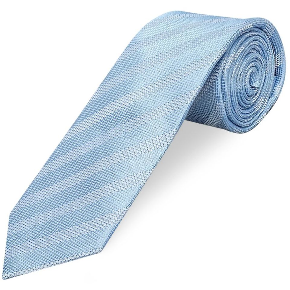 Dusty Blue Textured Stripe Mens Silk Classic Tie Pocket Square and Cufflinks Box Set