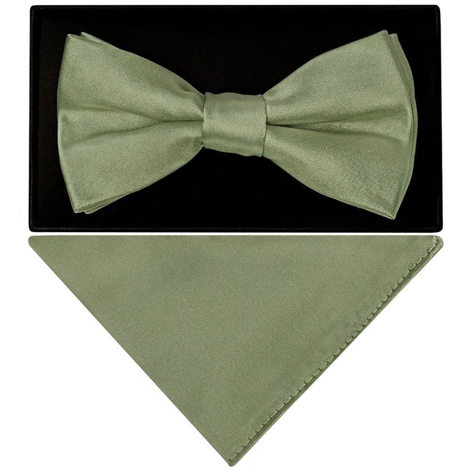 Mens Plain Olive Green Satin Bow Tie and Pocket Square Set