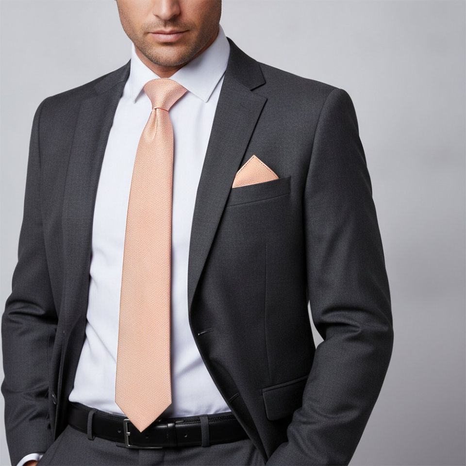 Plain Pale Peach Silk Classic Men's Tie and Pocket Square Set
