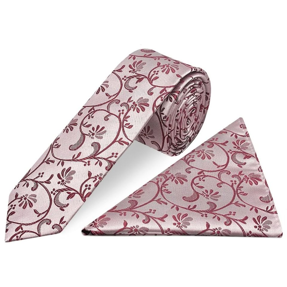 Burgundy Floral Skinny Men's Tie and Pocket Square Set