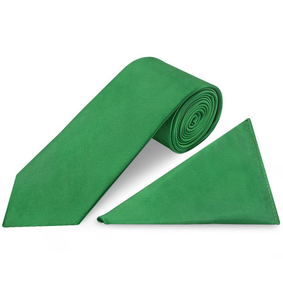 Plain Emerald Green Satin Classic Men's Tie and Pocket Square Set