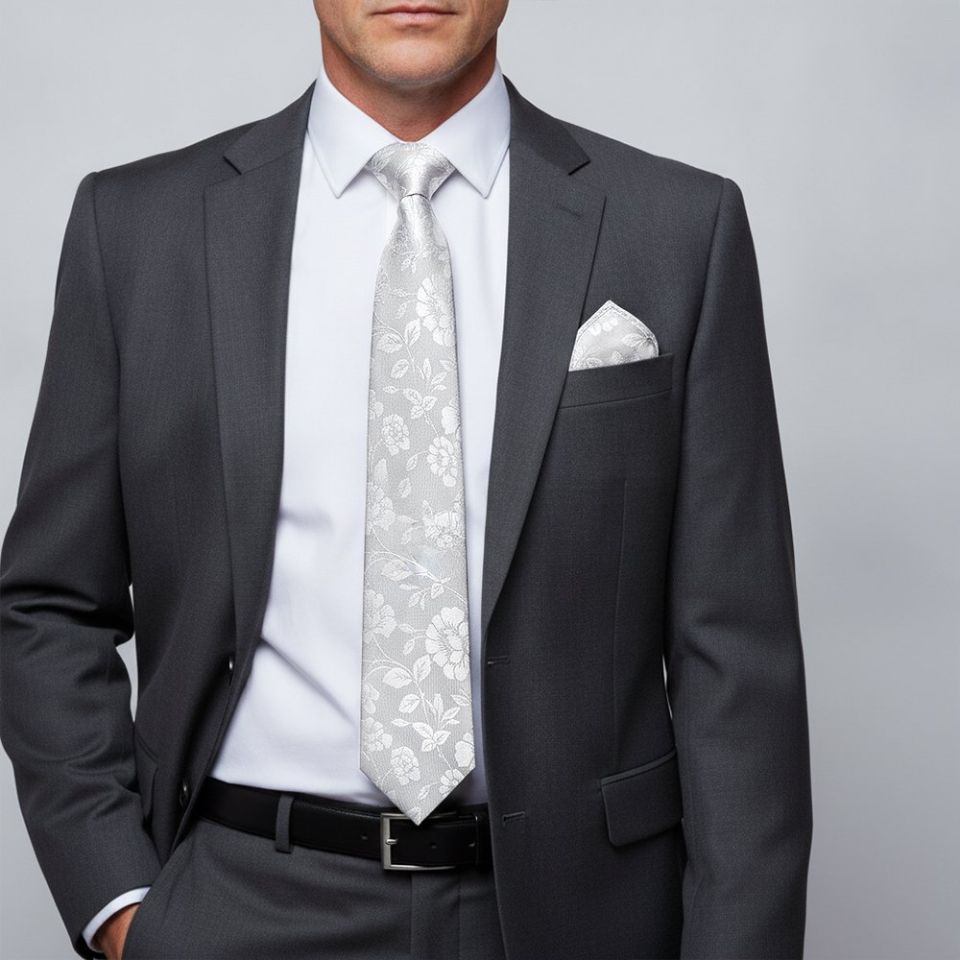 Men's Silver with White Floral Silk Classic Tie and Pocket Square