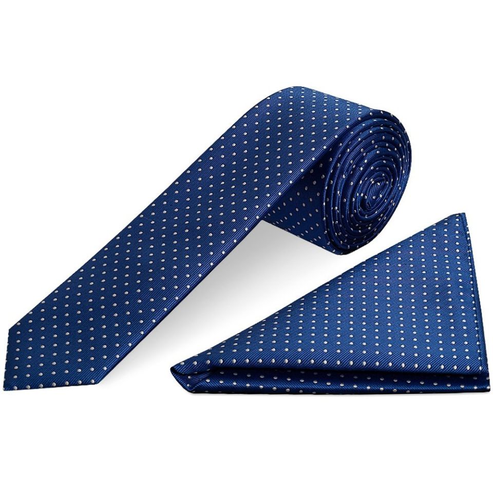 Blue and White Polka Dot Skinny Boys Tie and Pocket Square Set