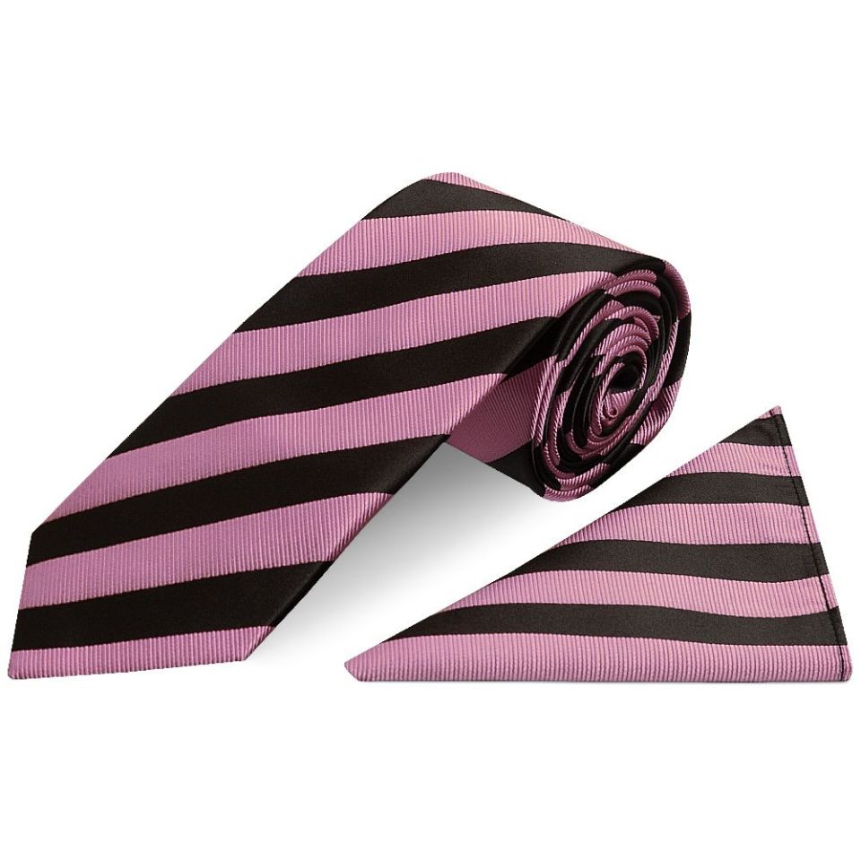 Black and Pink Striped Classic Men's Tie and Pocket Square Set