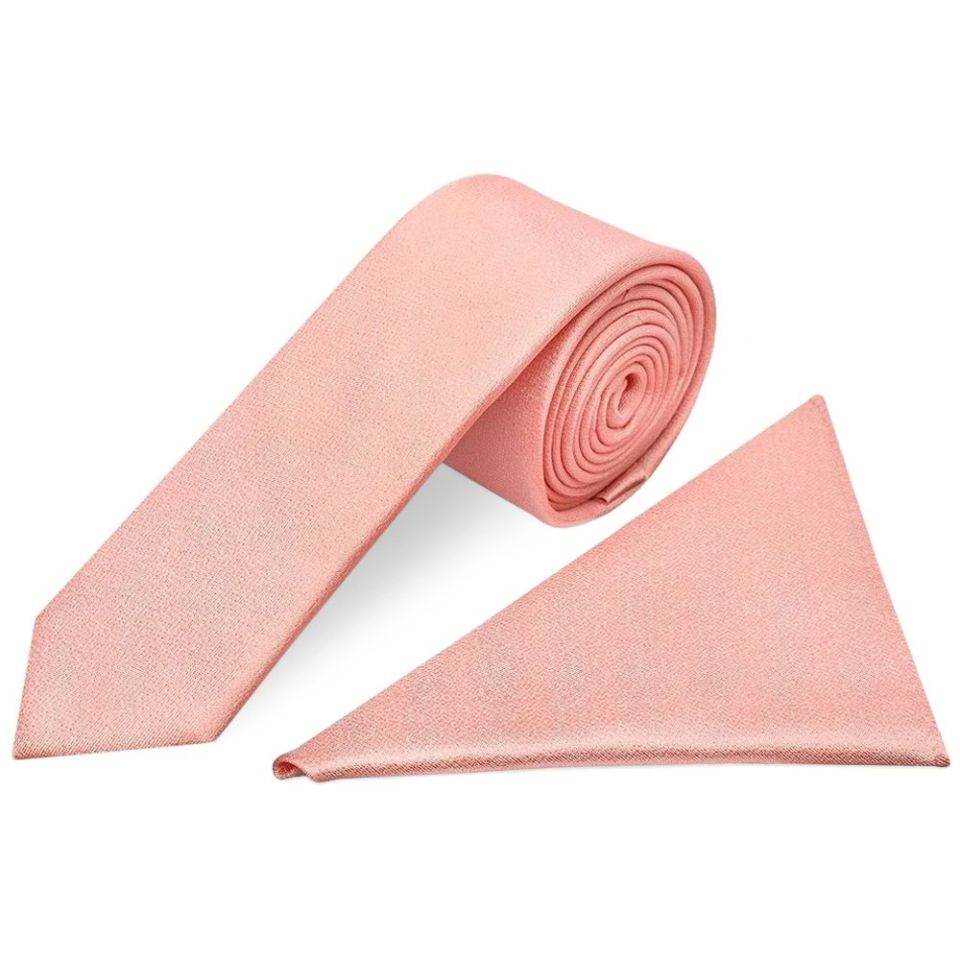 Plain Salmon Peach Silk Skinny Men's Tie and Pocket Square Set