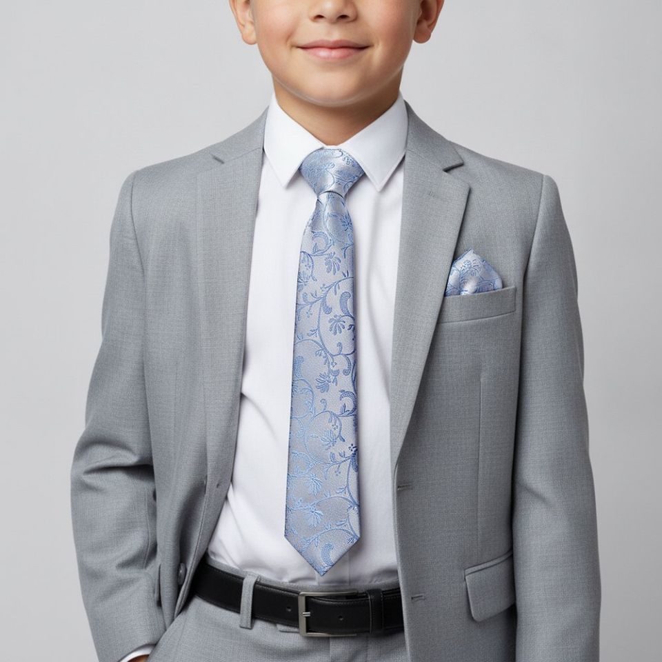Dusty Blue Floral Skinny Boys Tie and Pocket Square Set