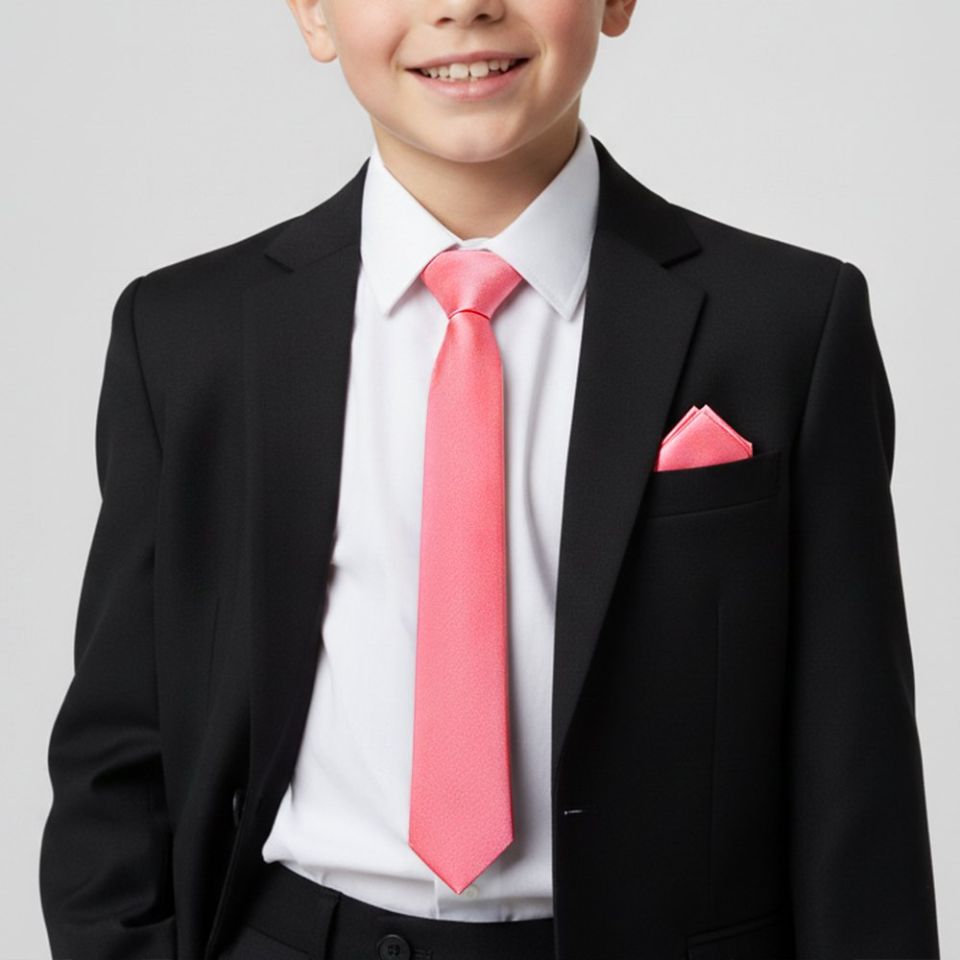Plain Light Coral Pink Satin Skinny Boys Tie and Pocket Square Set