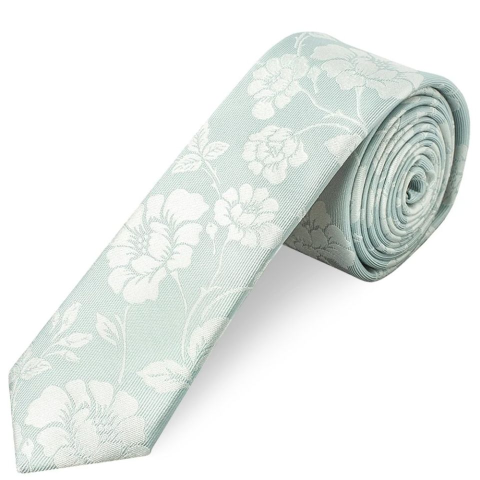 Duck Egg with White Floral Silk Skinny Tie