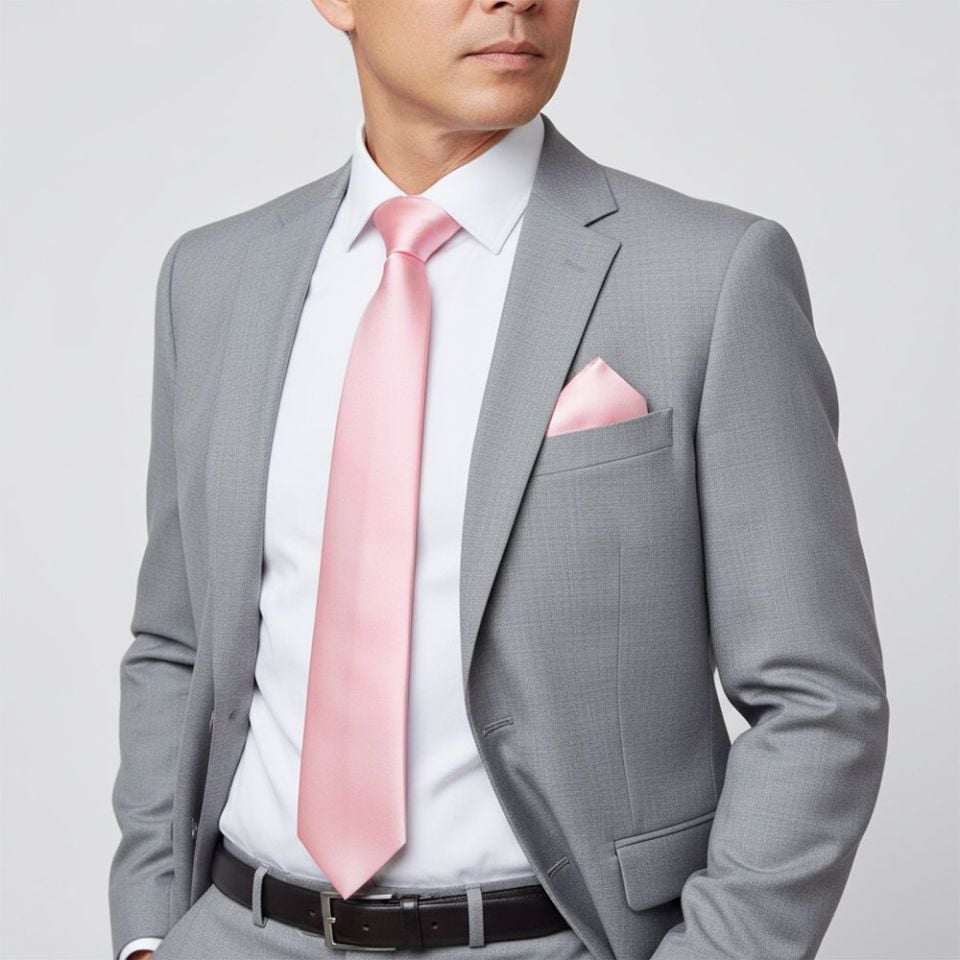 Baby Pink Satin Classic Men's Tie and Pocket Square Set